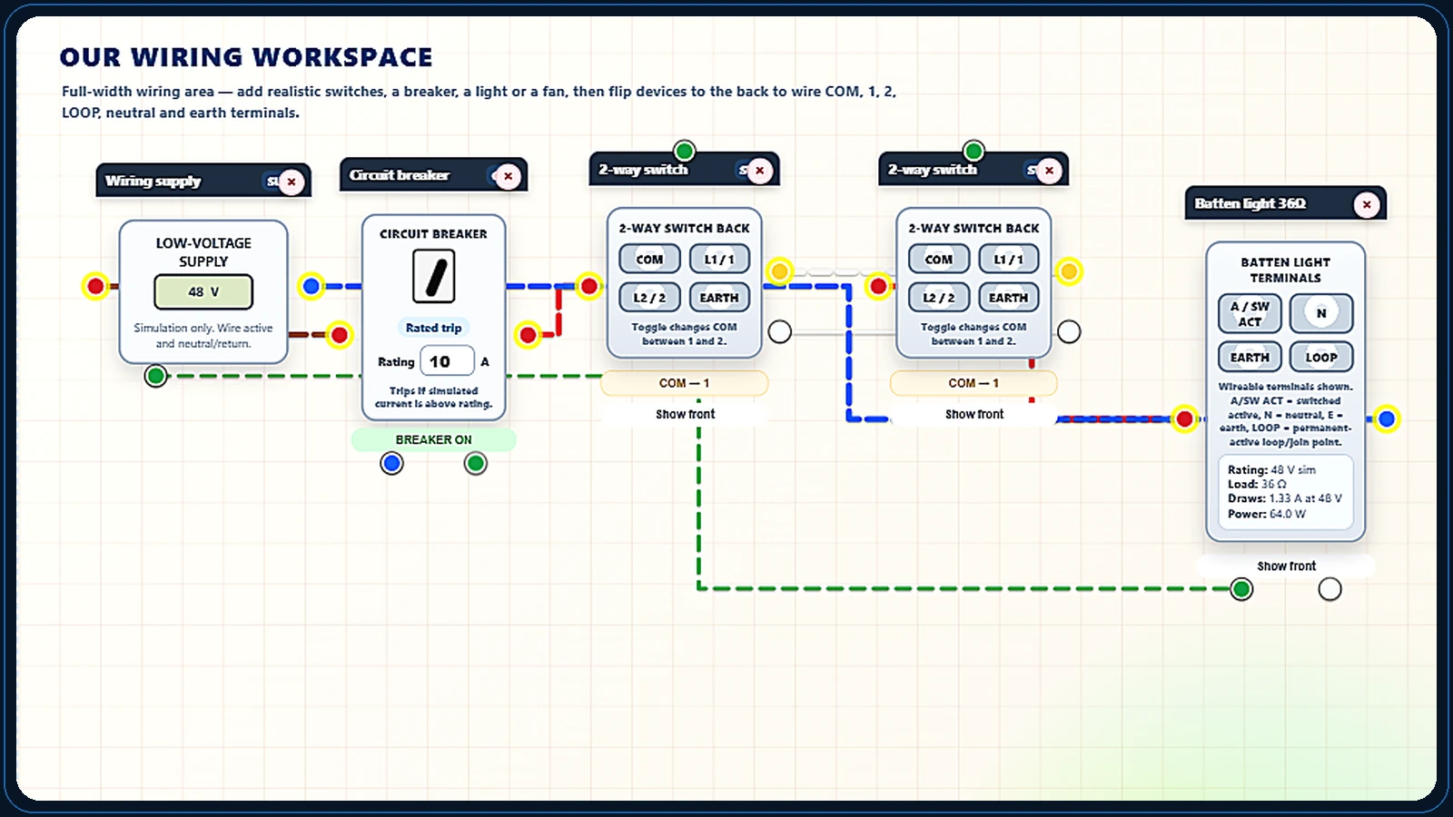 WireMate two-way switching circuit in the electrical wiring simulator
