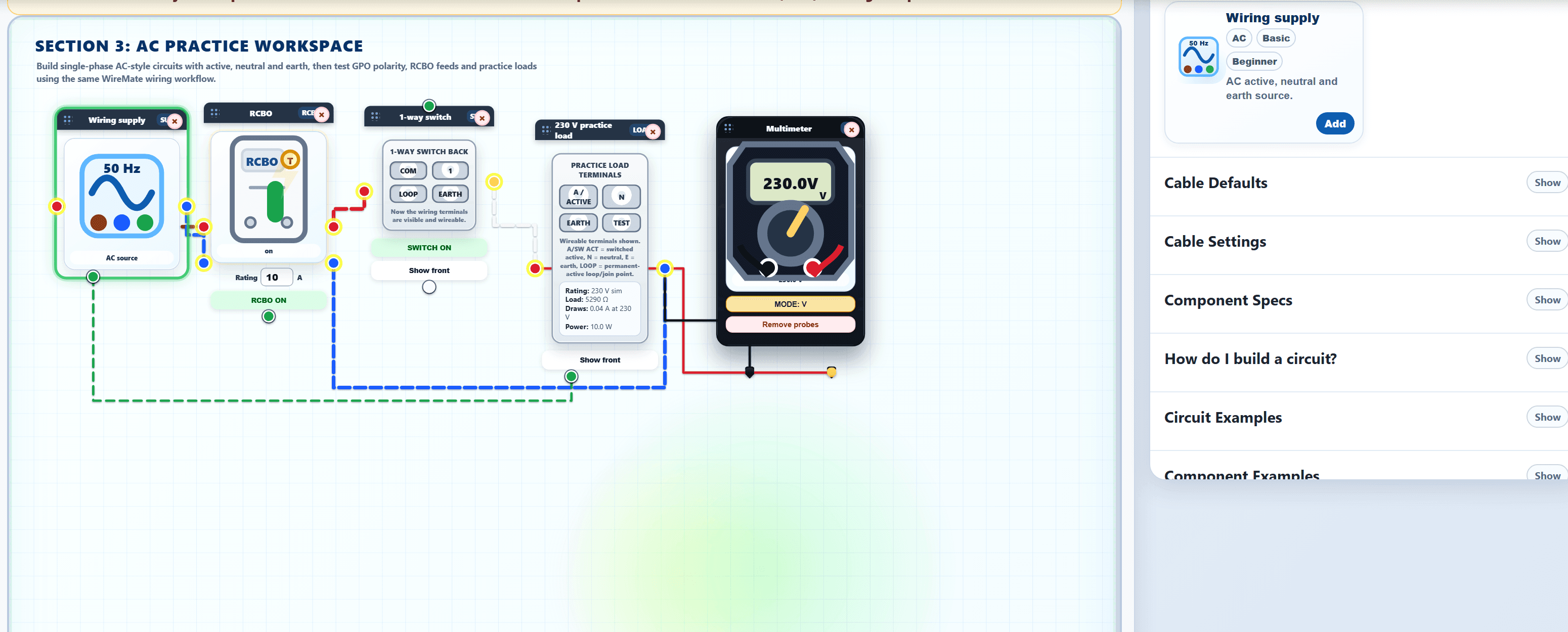 WireMate Pro AC testing simulator workspace